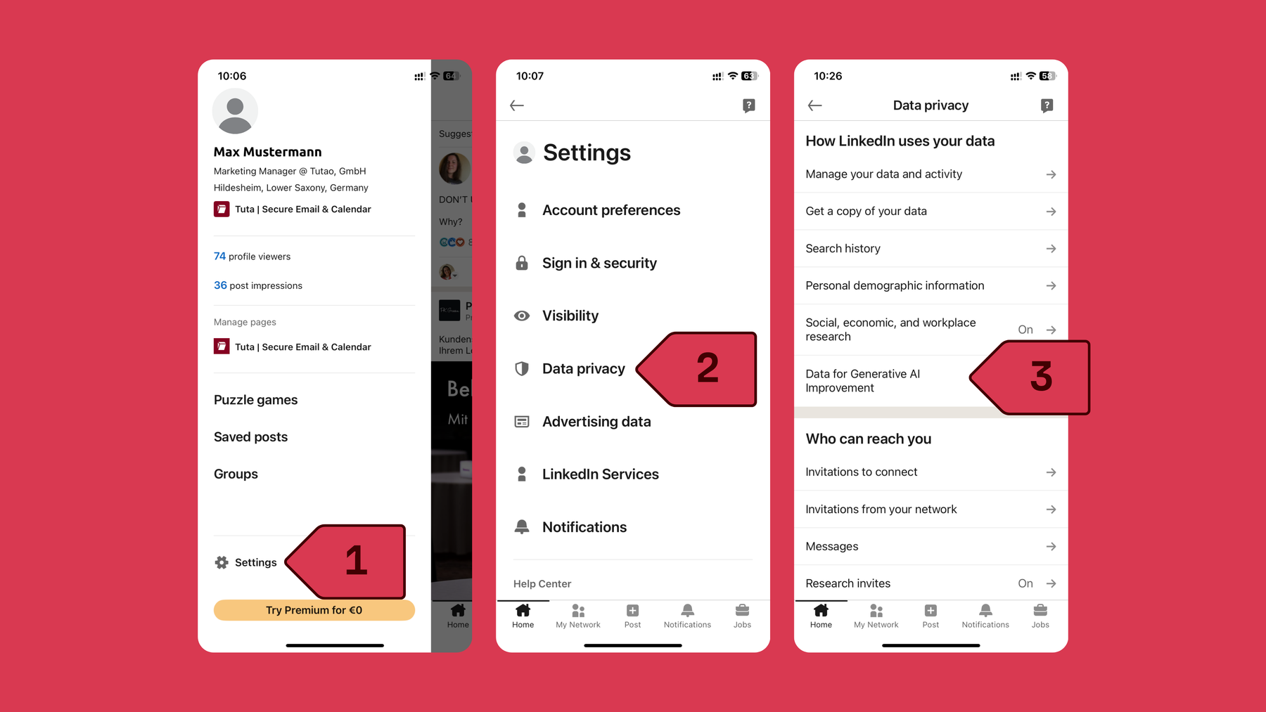 Erste Schritte zum Deaktivieren und Ausschalten von „Daten für die Verbesserung der generativen KI” auf LinkedIn in der iPhone-App: Einstellungen, Datenschutz, Daten für die Verbesserung der generativen KI.