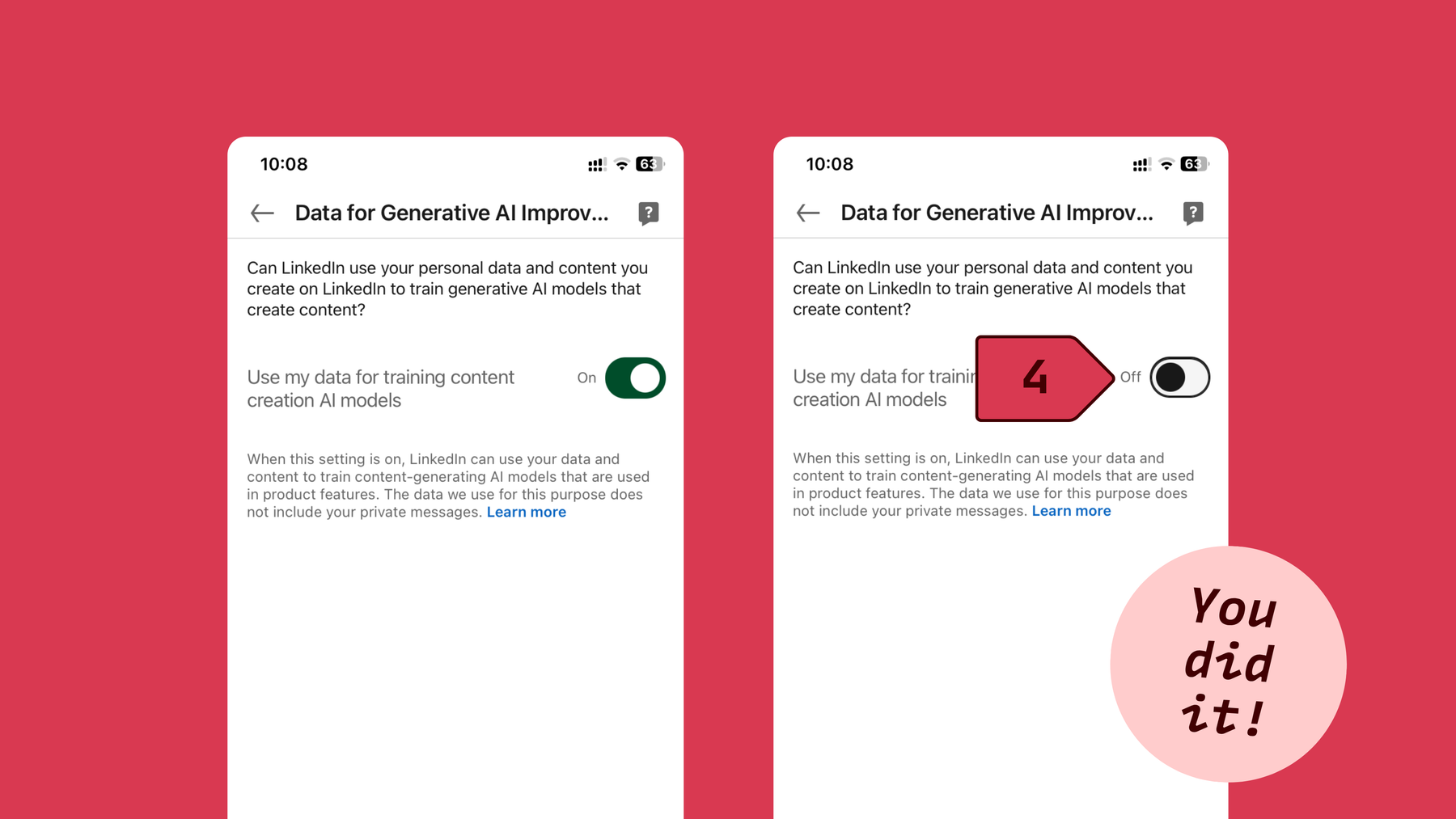 Zweite Schritte zum Deaktivieren und Ausschalten von „Daten für generative KI-Verbesserung“ auf LinkedIn in der iPhone-App: Einstellungen, neben „Meine Daten für das Training von KI-Modellen zur Erstellung von Inhalten verwenden“ klicken, um die Option auszuschalten.