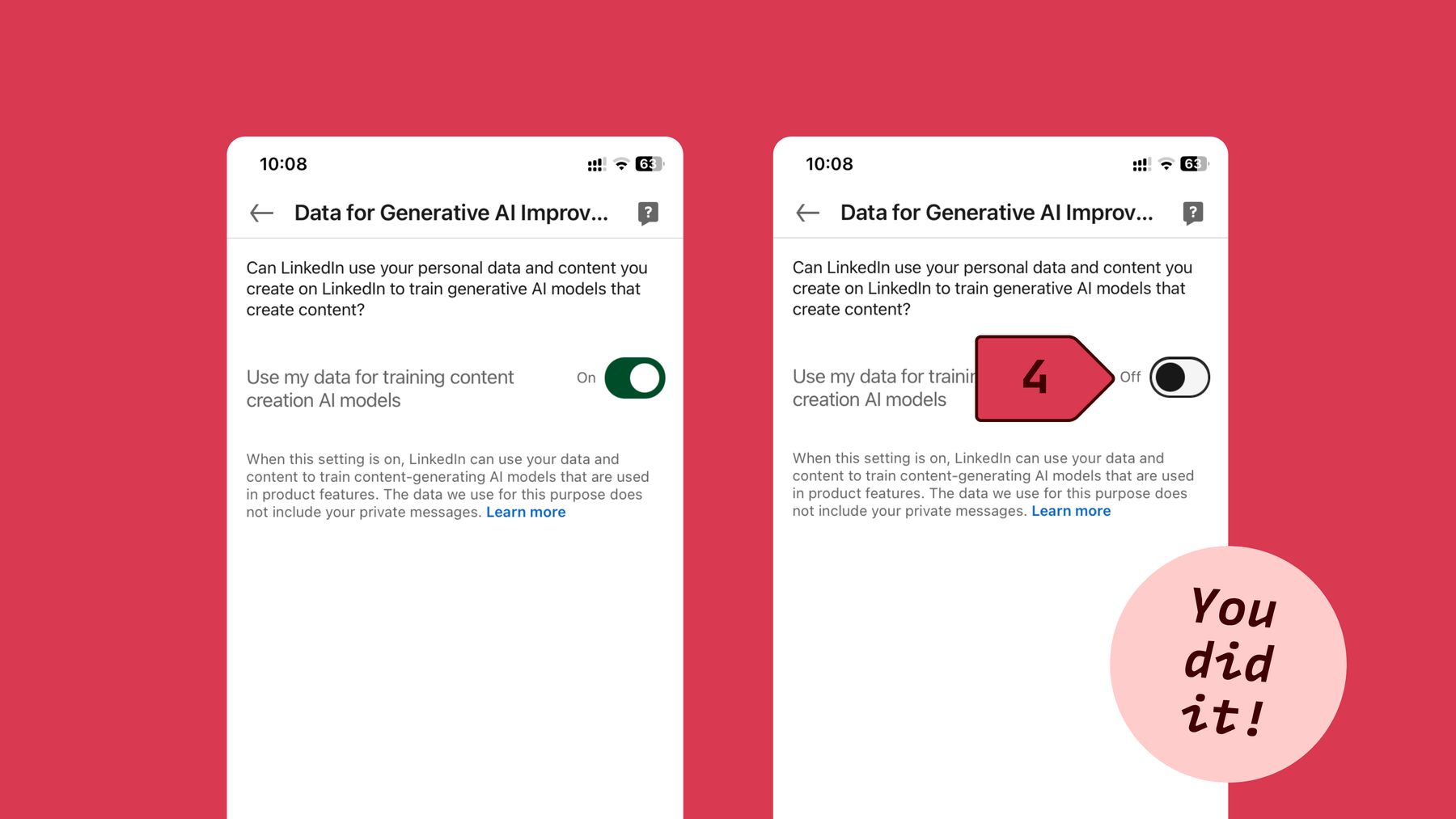 Second steps to opt out and toggle off Data for Generative AI Improvement on LinkedIn from the iPhone App: Settings, next to use my data for training content creation AI models click to toggle off.