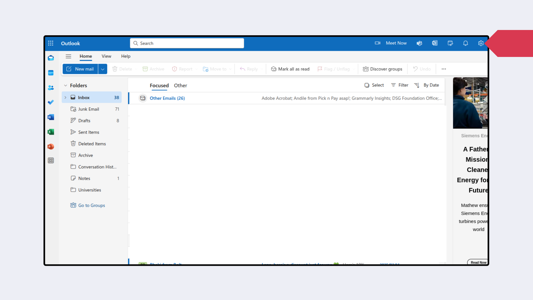 Steps to add a safe sender in Outlook in a browser: open outlook on the browser of your choice, click on the settings gear in the top right corner.
