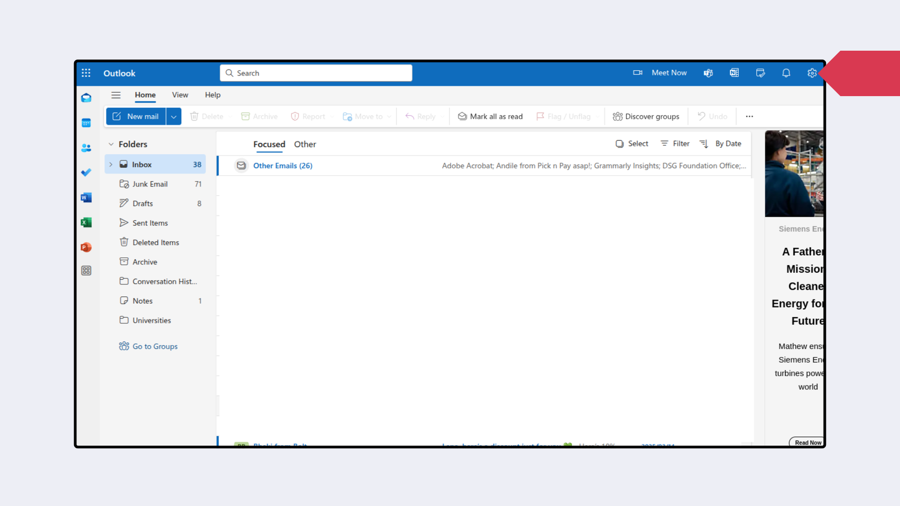 Schritte zum Hinzufügen eines sicheren Absenders in Outlook in einem Browser: Öffnen Sie Outlook im Browser Ihrer Wahl, klicken Sie auf das Einstellungsrad in der oberen rechten Ecke.