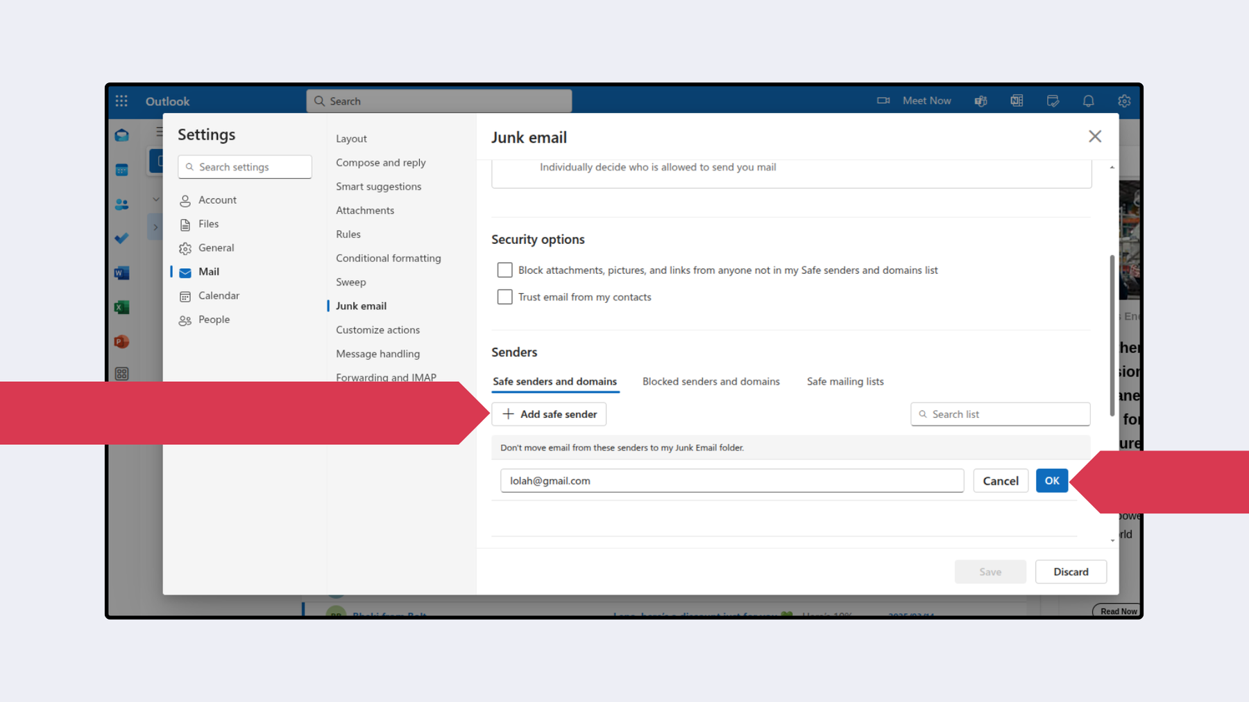 Steps to add a safe sender in Outlook in a browser: under mail settings go to junk email, scroll down to senders and click add safe sender, enter the sender address, click ok and click save.