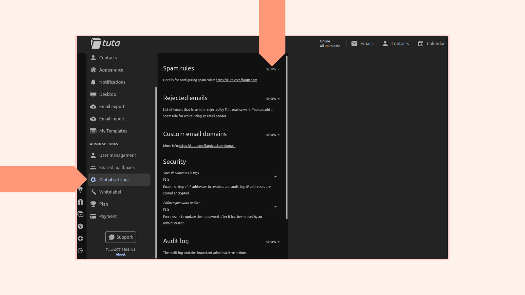 How to whitelist an email address or domain in Tuta Mail on desktop: Global settings and Spam rules.