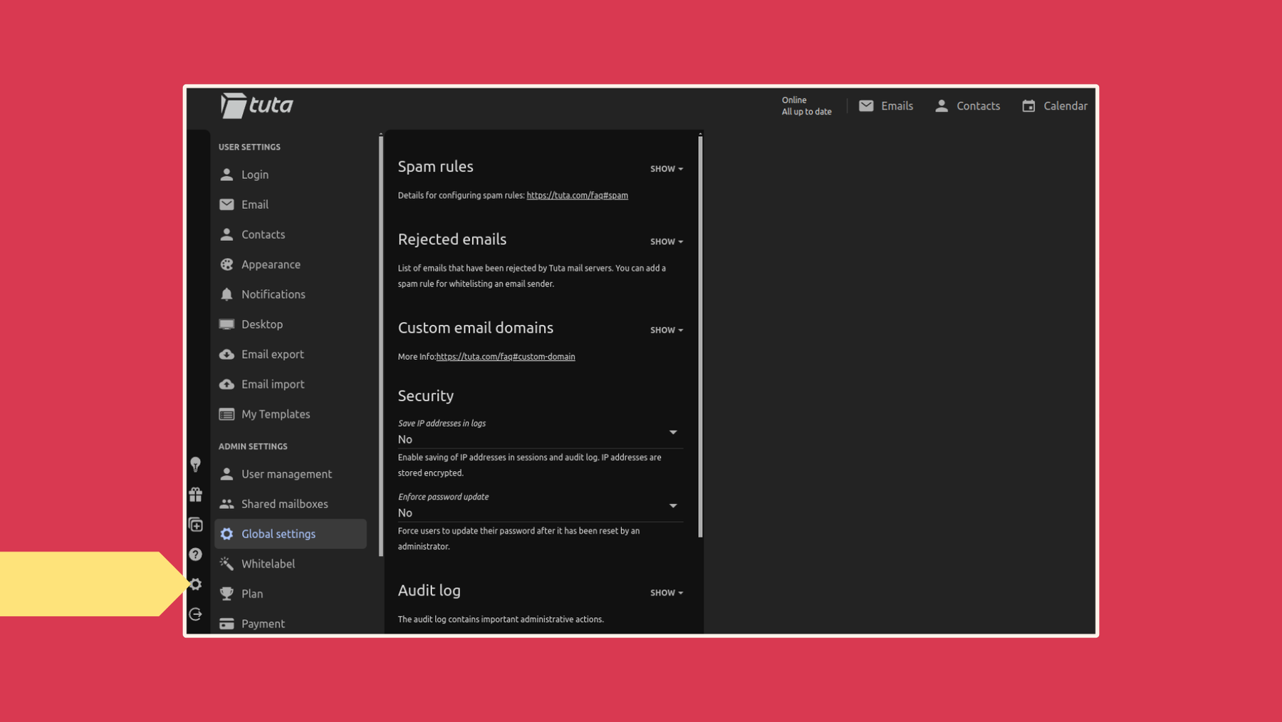 Schritte, um eine E-Mail-Adresse in Tuta Mail auf dem Desktop auf die Whitelist zu setzen: Gehen Sie zu den Einstellungen.