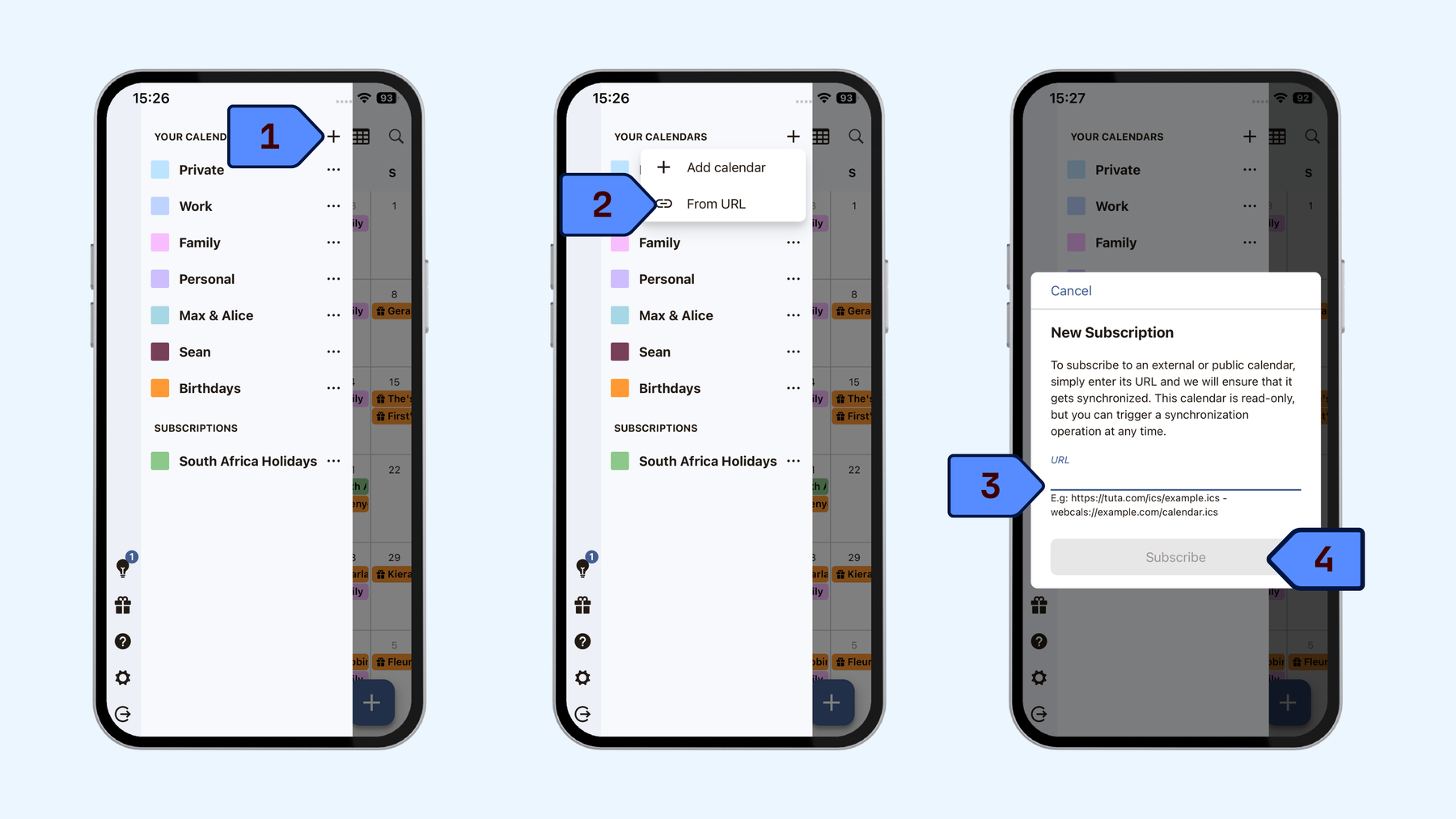 Steps to subscribe to external calendars in the Tuta Calendar app on mobile: Click on the burger menu in the top left corner. Next to your Your Calendars click on the +, click from URL, Enter the public ics. URL, click subscribe.