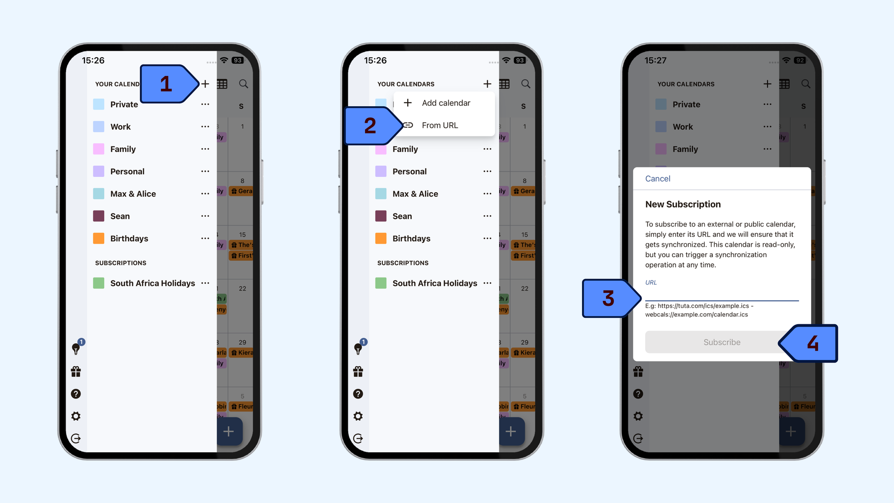Steps to subscribe to external calendars in the Tuta Calendar app on mobile: Click on the burger menu in the top left corner. Next to your Your Calendars click on the +, click from URL, Enter the public ics. URL, click subscribe.