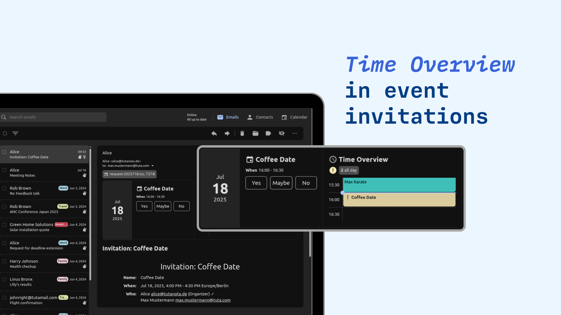 Screenshot of Tuta Mail desktop client displaying the new Time Overview in event invitation.