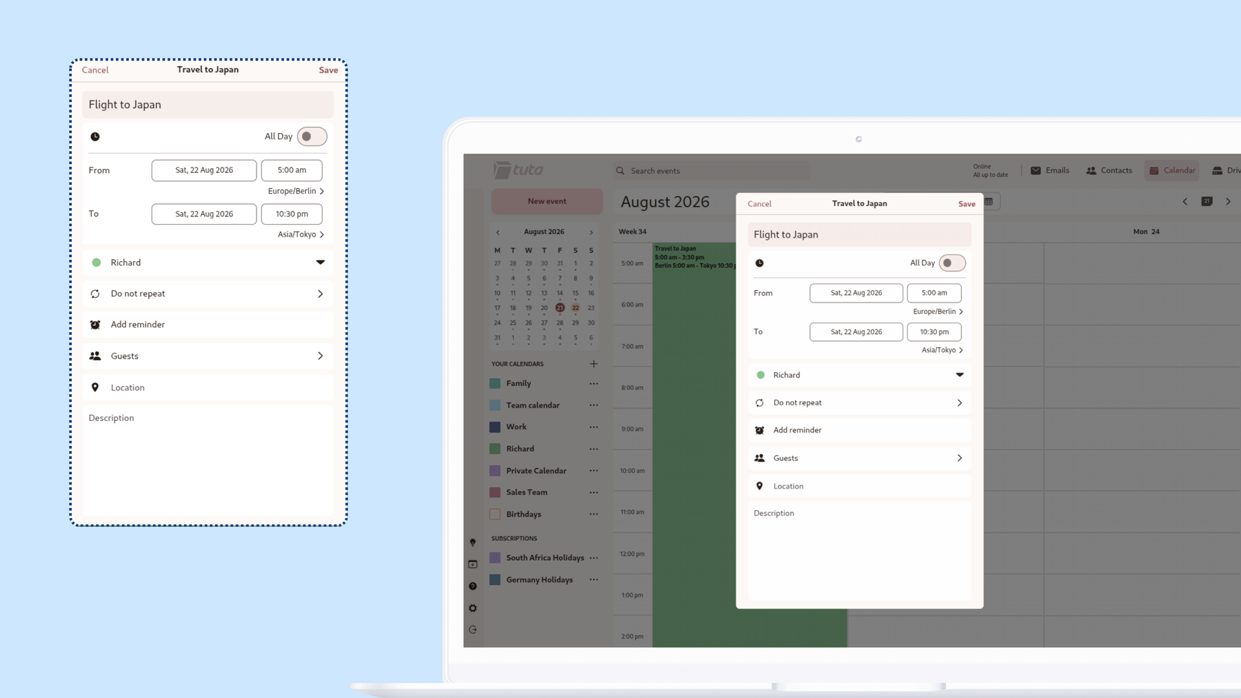 How to set up time zones for events in Tuta Calendar.