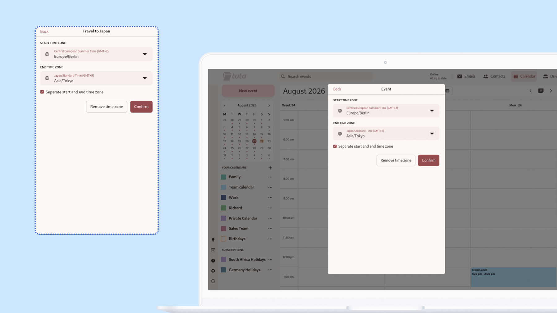 How to set up time zones for events in Tuta Calendar.