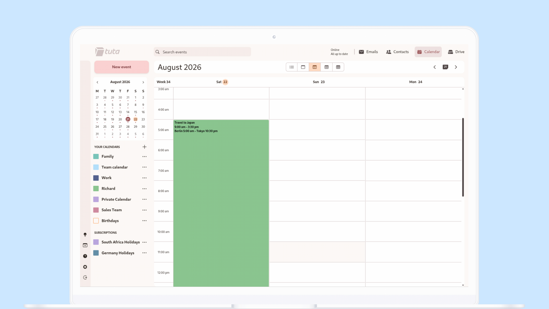 How to set up time zones for events in Tuta Calendar.