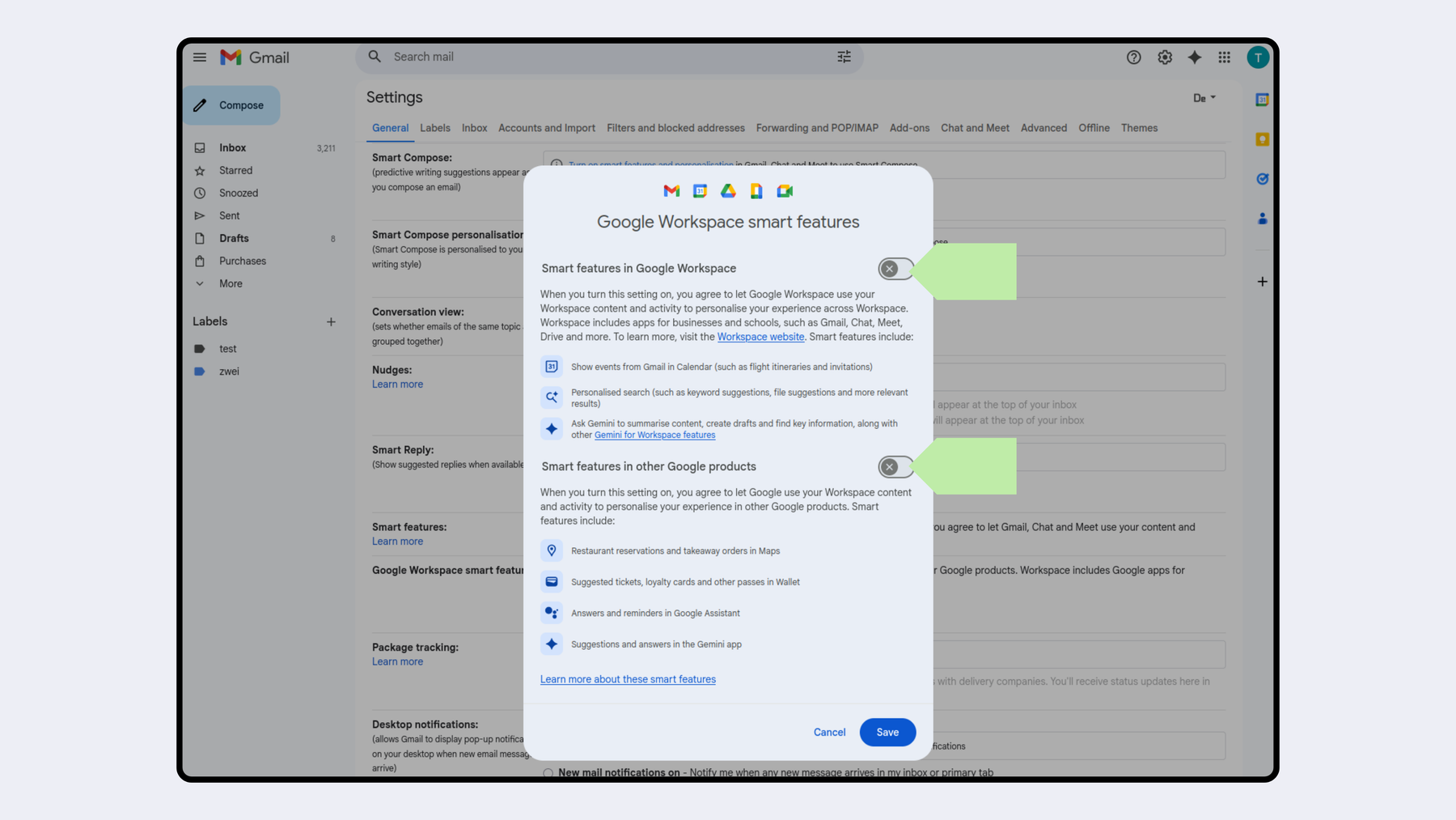Deaktivieren Sie die Option Smart Features in Google Workspace und Smart Features in anderen Google-Produkten und klicken Sie dann auf Speichern.