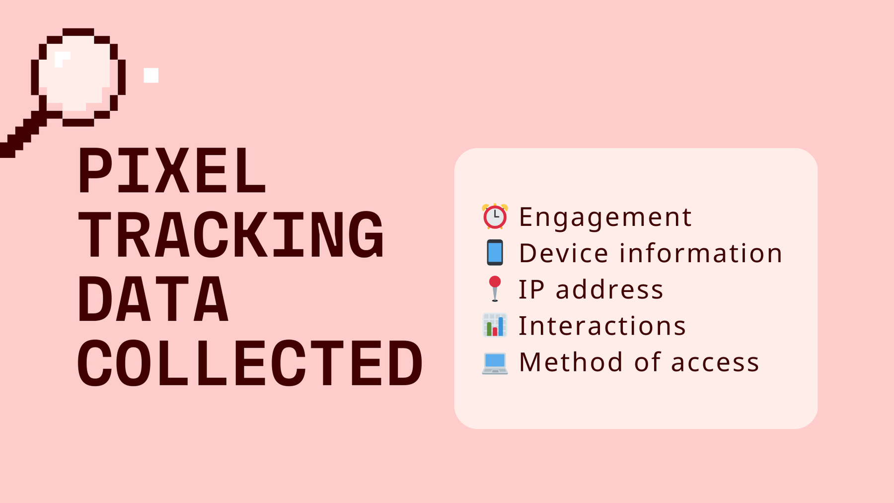 Pixel tracking data collected: Engagement, Device Information, IP Address, Interactions, Method of access.