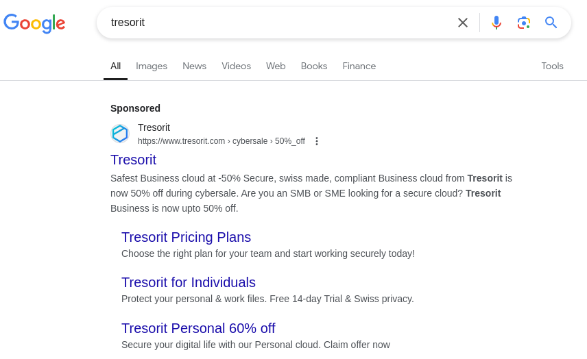 Tresorit pays for the top search position when people search for “Tresorit”.