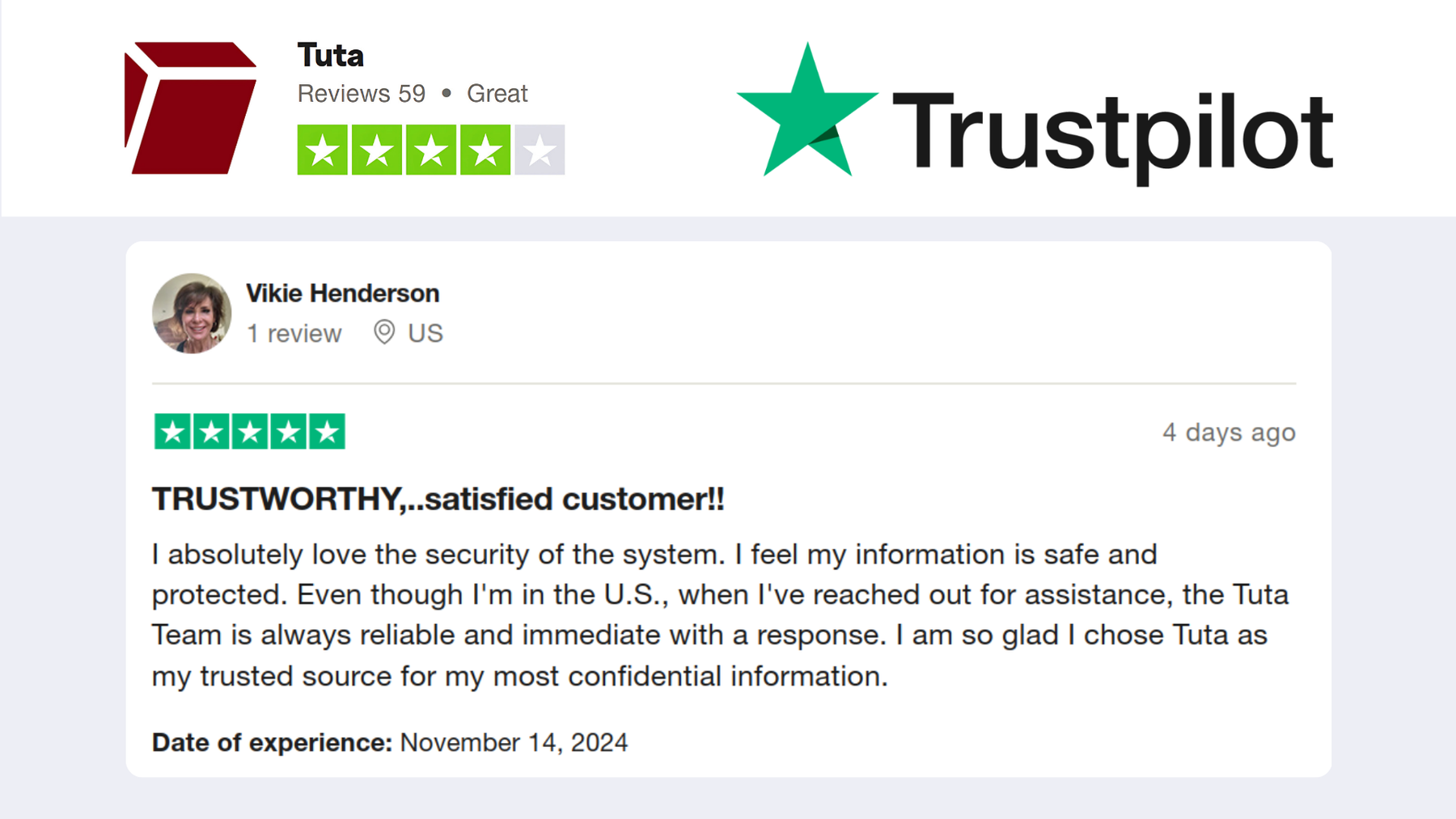 Tuta Kundenbewertung auf Trustpilot: Vertrauenswürdig. Zufriedener Kunde.