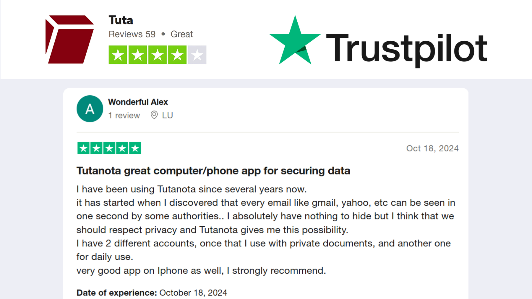 Tuta customer review on Trustpilot: Tutanota great computer/phone app for securing data.