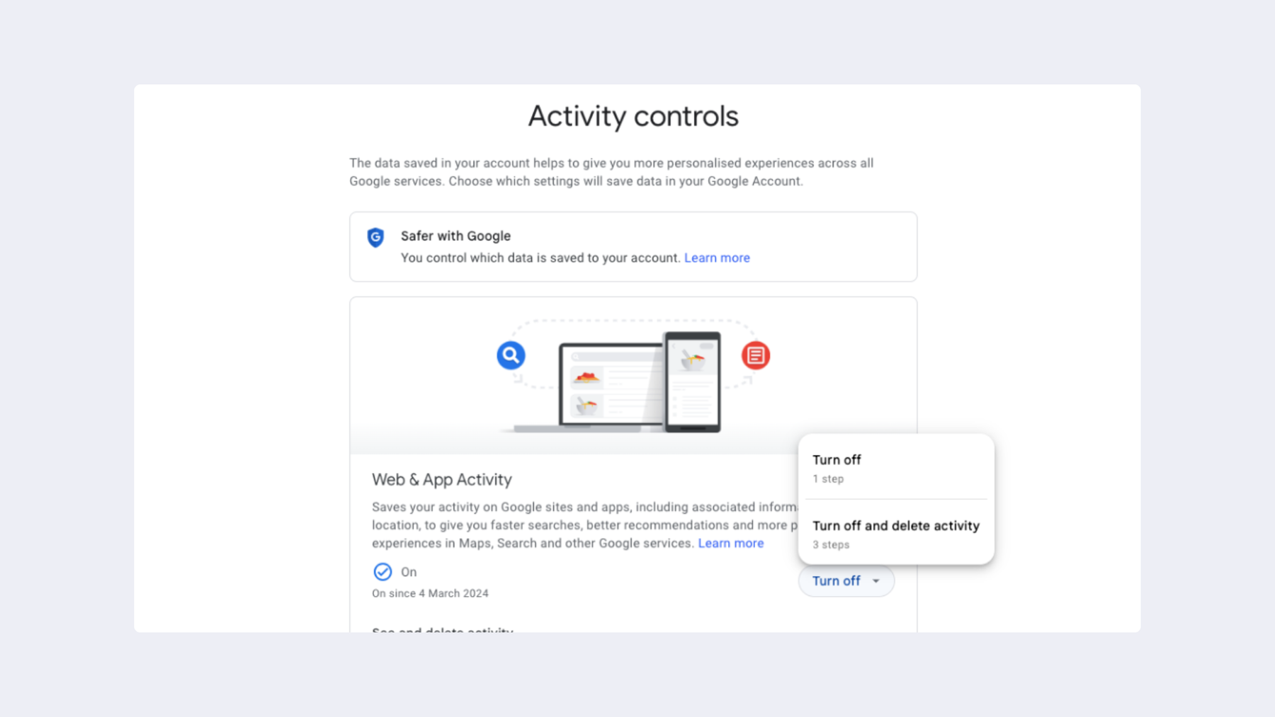 Turn off and delete Google web and app activity