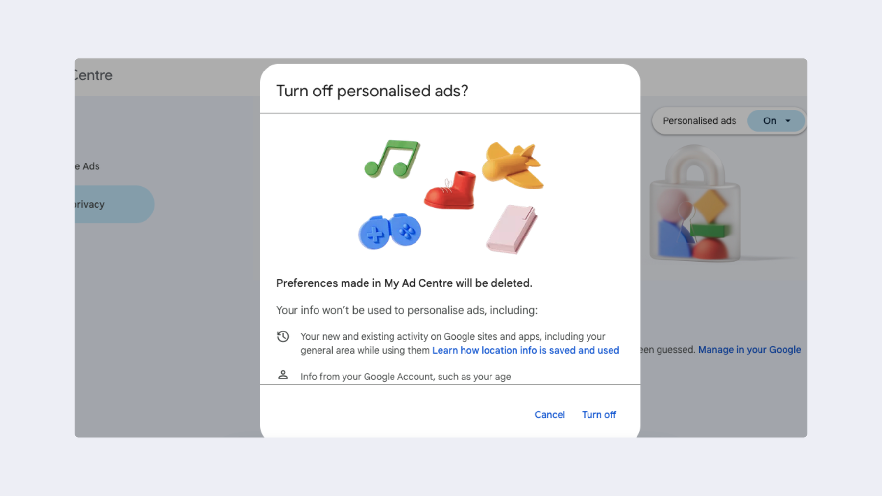 Turn off Google ads personalization
