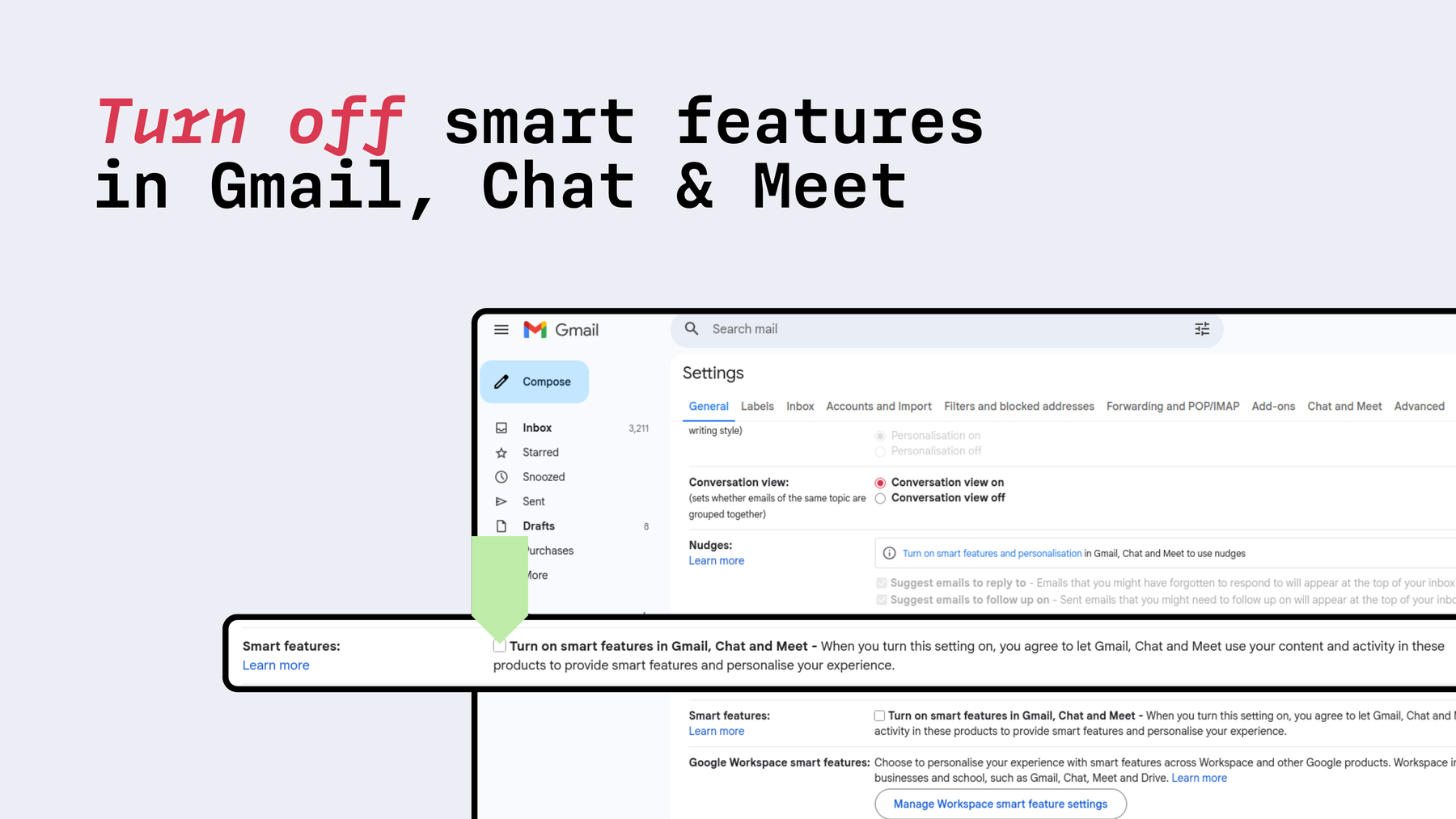 Schritte zum Deaktivieren von Gemini AI in Gmail, Drive und Docs. Klicken Sie unter „Smart Features“ auf das Kästchen, um die Smart Features in Gmail, Chat und Meet zu deaktivieren.