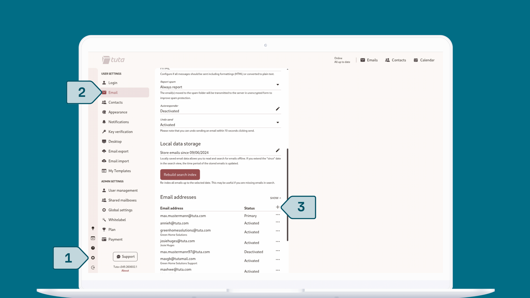 Create alias addresses in Tuta Mail: AGo to settings, email settings, under Email addresses click +.