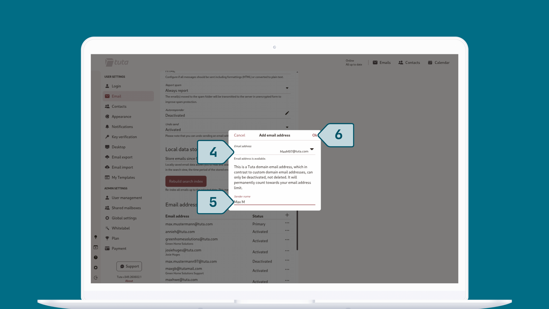 Create alias addresses in Tuta Mail. Adding email addresses to remain anonymous, private and secure is easy in Tuta Mail.