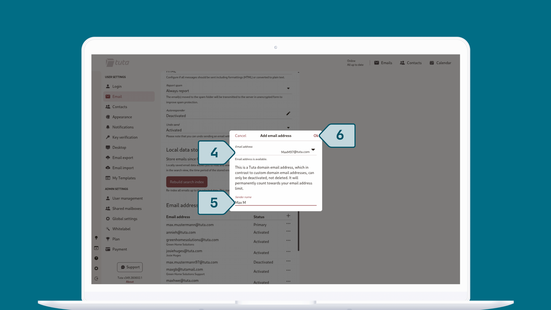 Create alias addresses in Tuta Mail. Adding email addresses to remain anonymous, private and secure is easy in Tuta Mail.