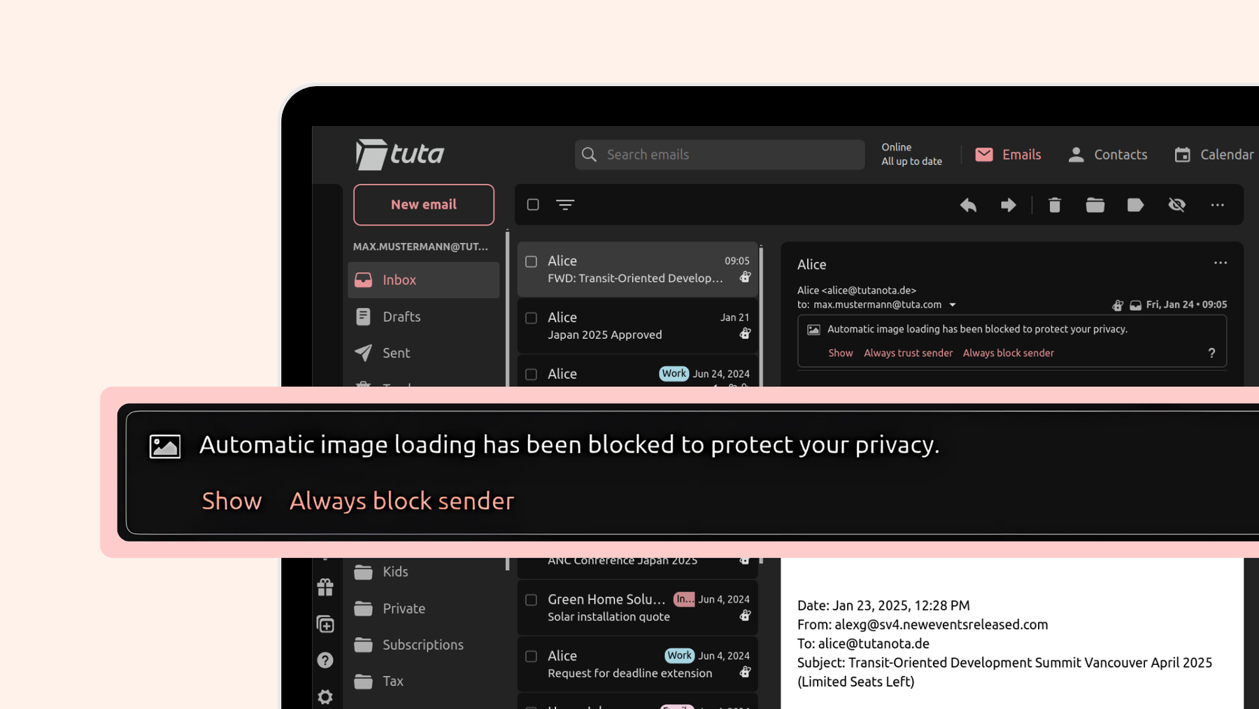 Tuta Mail bietet einen fortschrittlichen Schutz vor Tracking, indem es automatisch das Laden von Bildern blockiert, wenn Sie eine E-Mail öffnen.