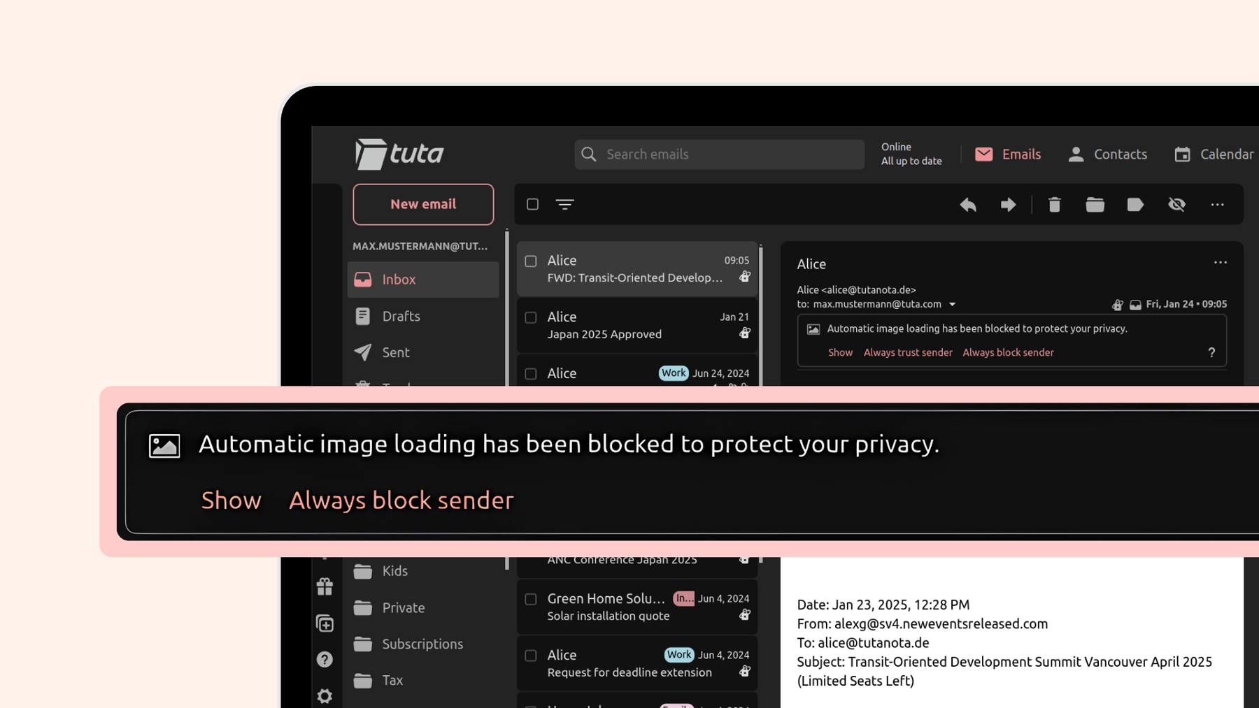 Tuta Mail offers advanced tracking protection by automatically blocking the loading of images when you open an email.