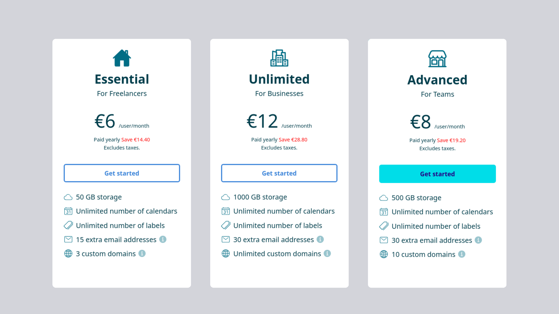 Tuta for Business: three different plans for business use. Essential for freelancer, Advanced for teams, and Unlimited for businesses.