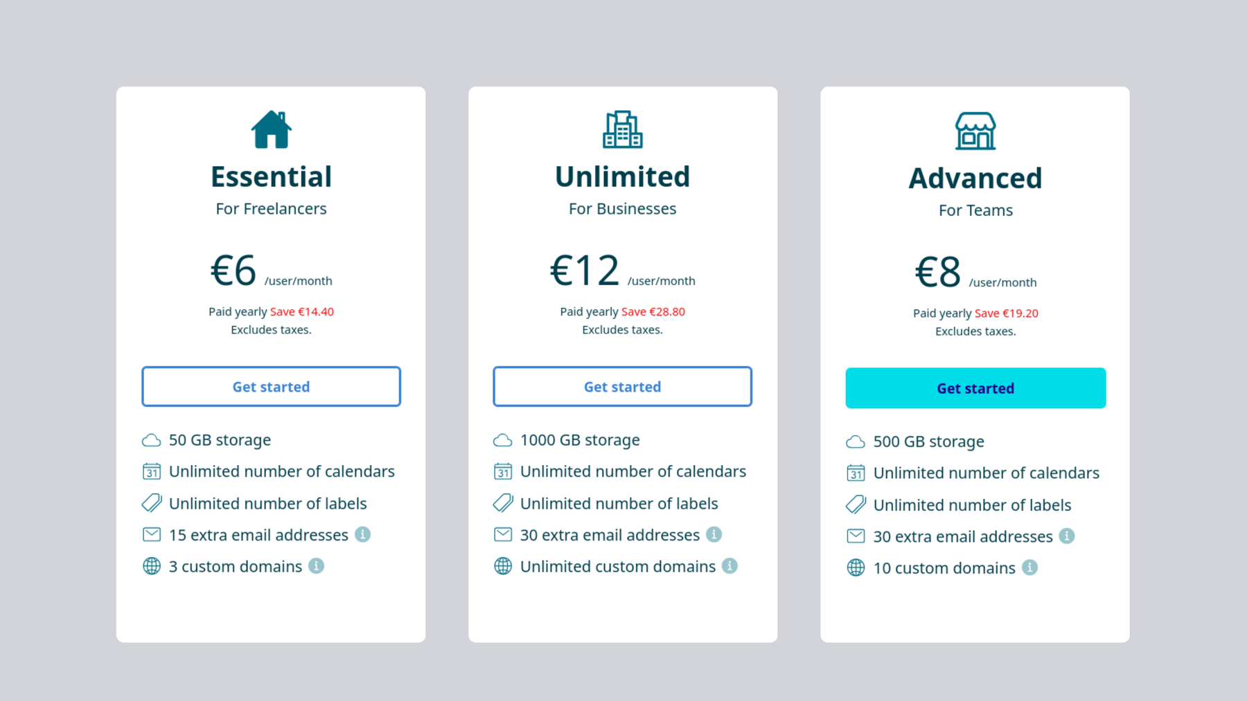 Tuta for Business: three different plans for business use. Essential for freelancer, Advanced for teams, and Unlimited for businesses.