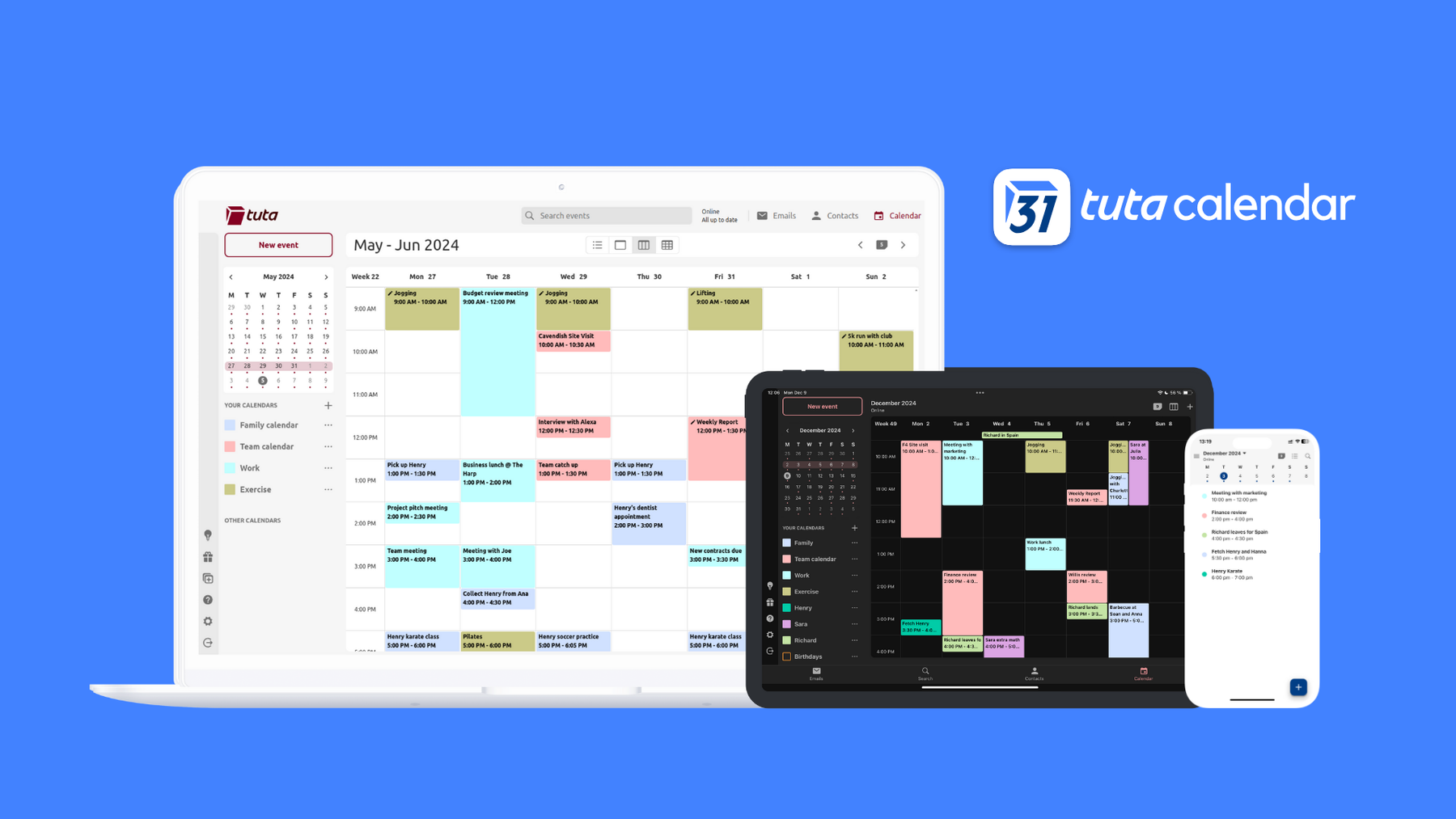 Tuta Kalender auf Desktop, Tablet und mobilem Gerät