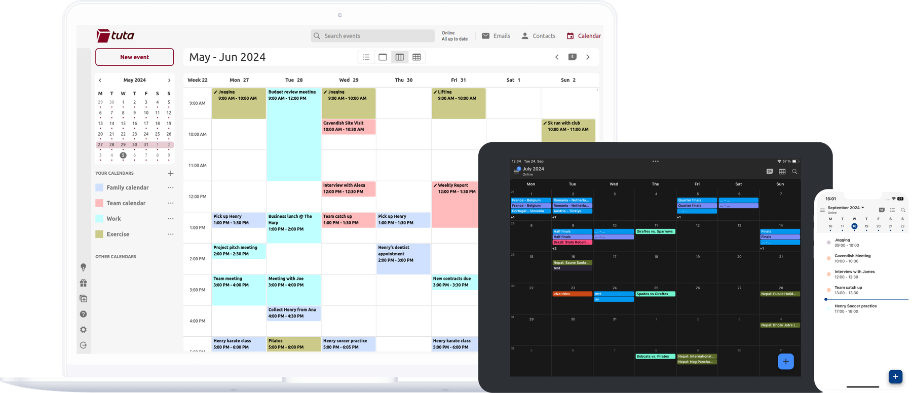 Composition of the Tuta Calendar in its new look on desktop, iPad and iPhone.