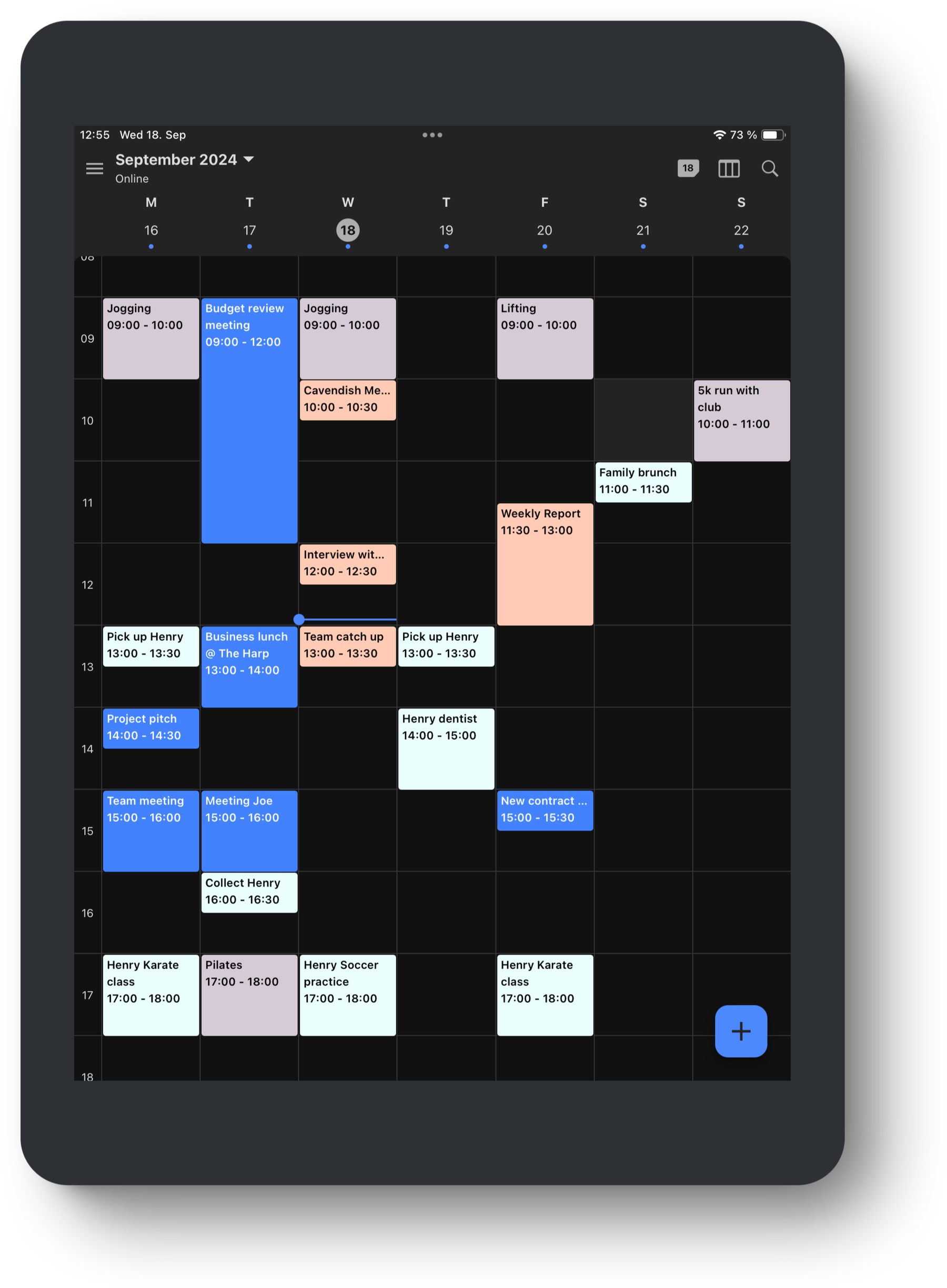 Die neue Tuta Calendar App im dunklen Modus auf einem iPad.