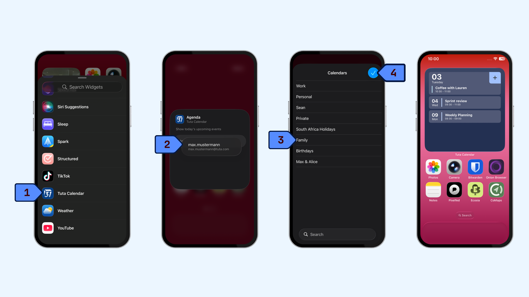 Steps to set up the Tuta Calendar widget on iPhone: Press your screen, click edit, click add widget, select Tuta Calendar, select the calendar account, choose which calendars to display and click the tick, choose your widget style. Your calendar events now appear in the neat widget.