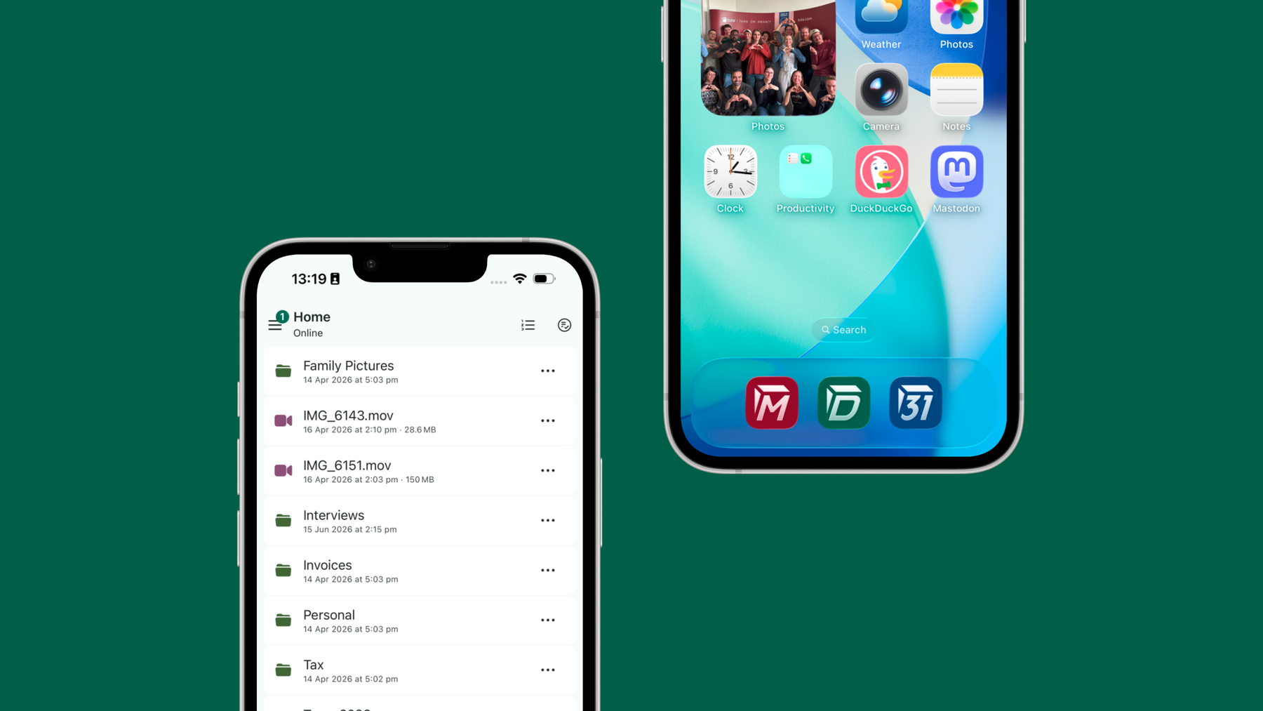 Screenshot showing the Tuta Drive app icon and the Tuta Drive app on iPhone.