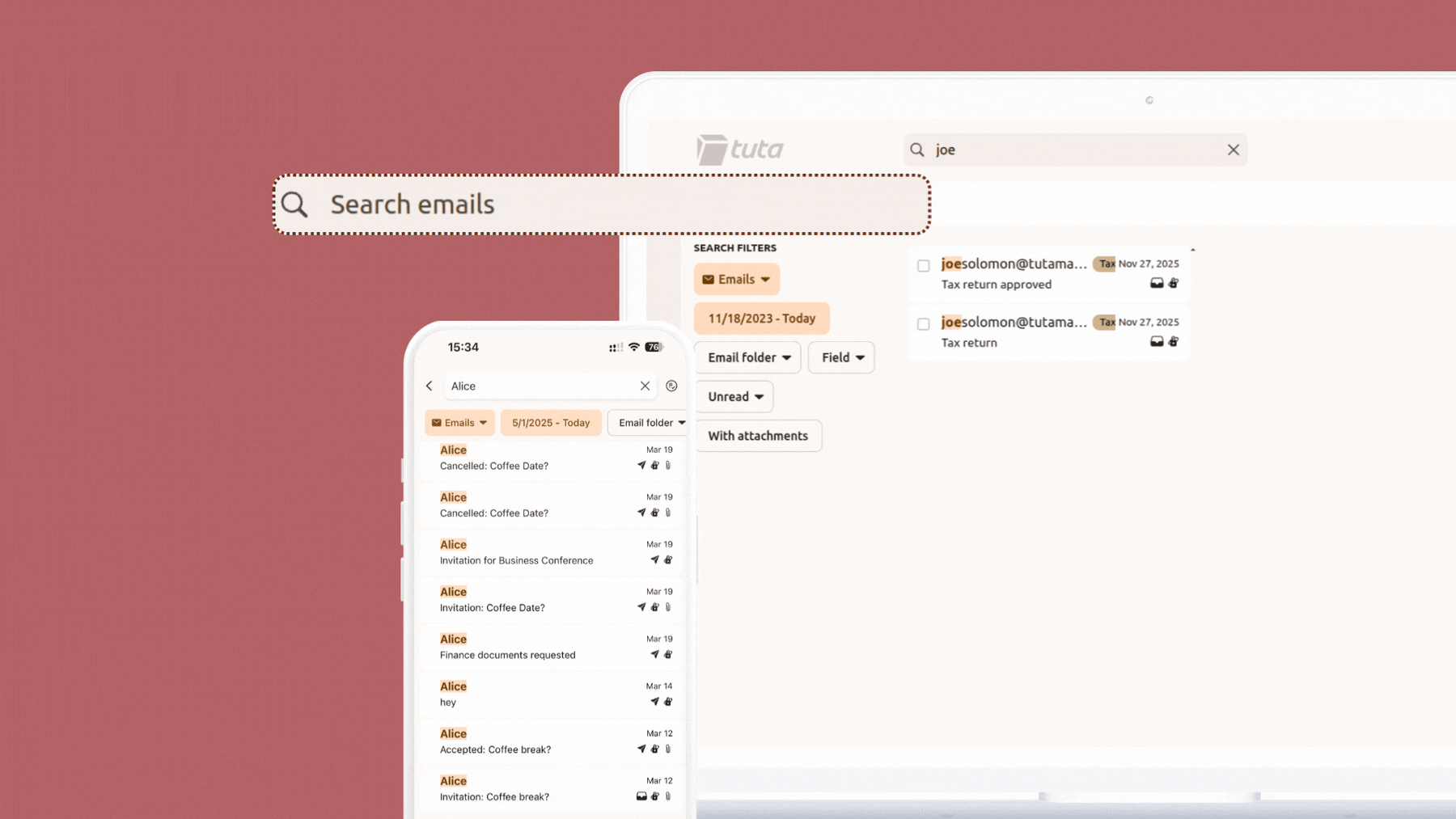 Searching in Tuta is more convenient thanks to faster search results.