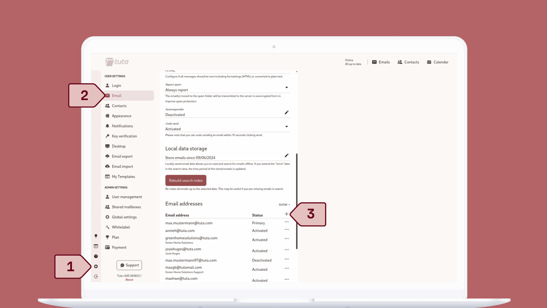 Create alias addresses in Tuta Mail: AGo to settings, email settings, under Email addresses click +.