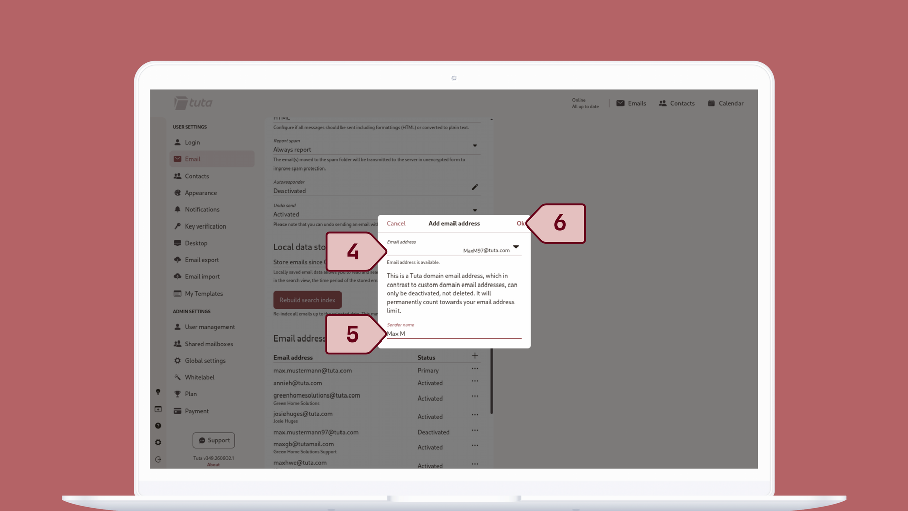 Create alias addresses in Tuta Mail. Adding email addresses to remain anonymous, private and secure is easy in Tuta Mail.