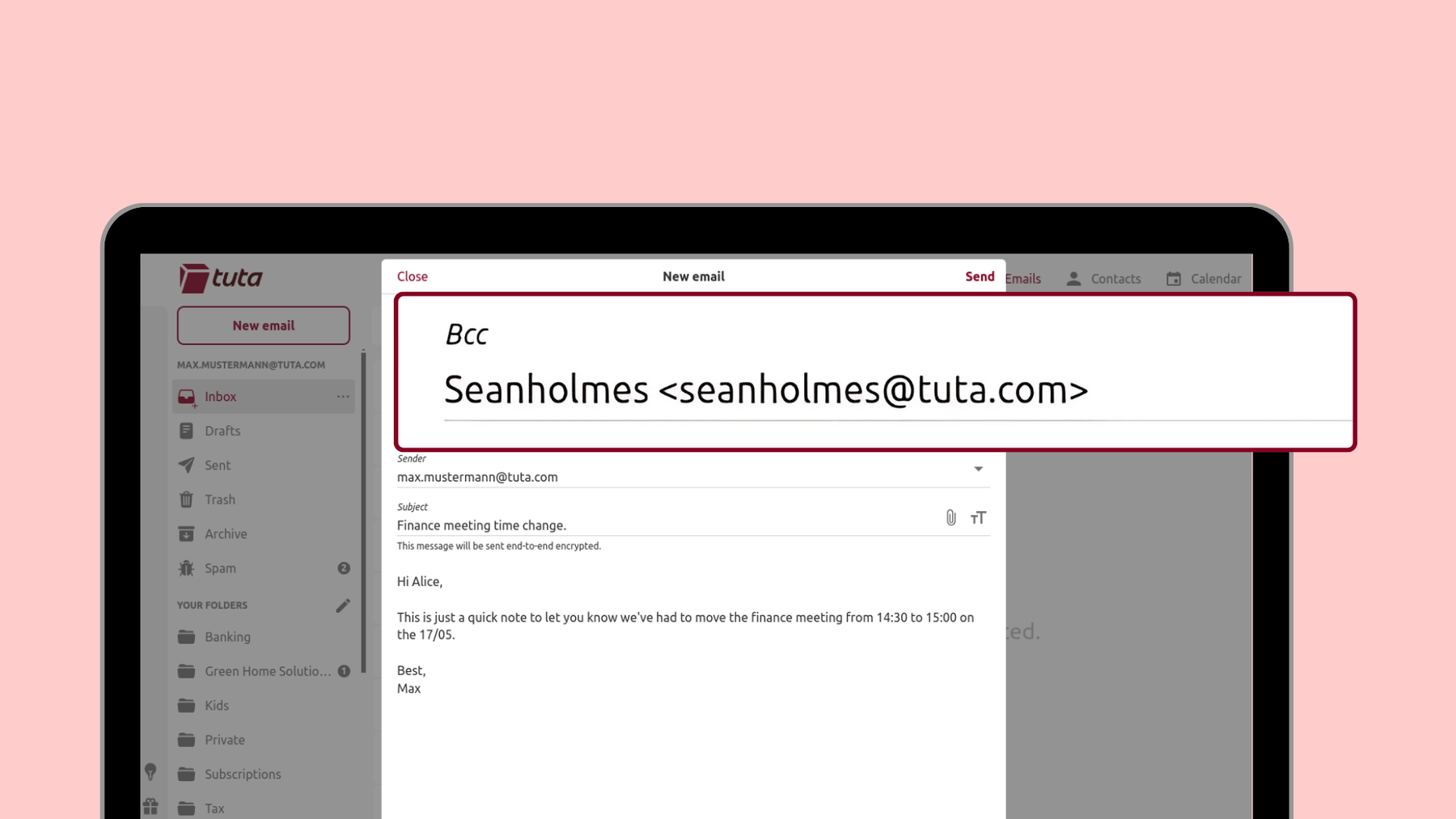 Tuta Mail interface showing the To and BCC recipient