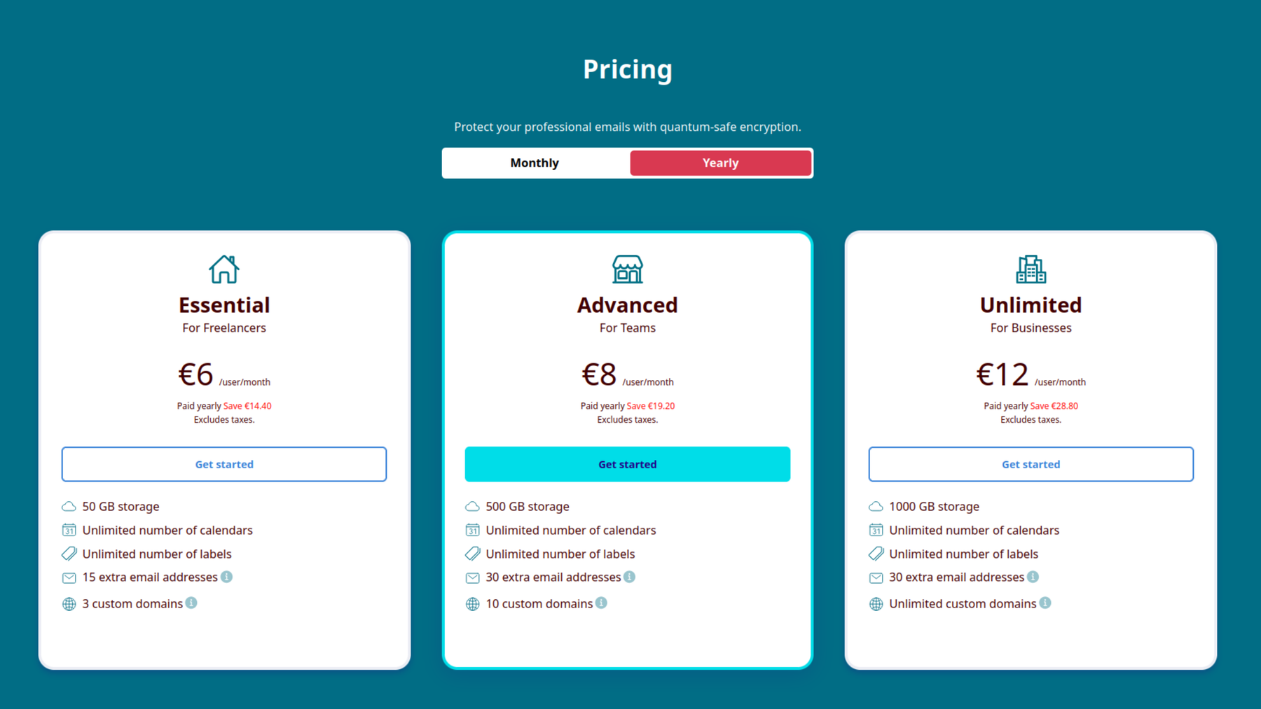 Screenshot der Tuta Mail Businesspläne: Essential, Advanced, Unlimited.