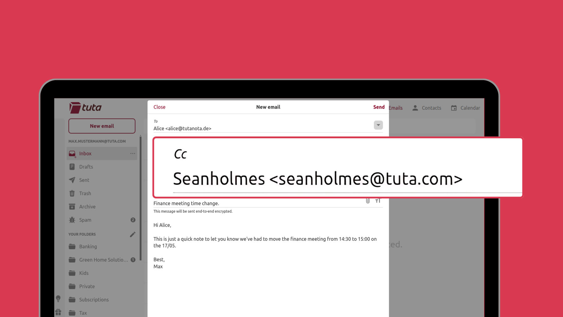 Tuta Mail interface showing the To and CC recipient