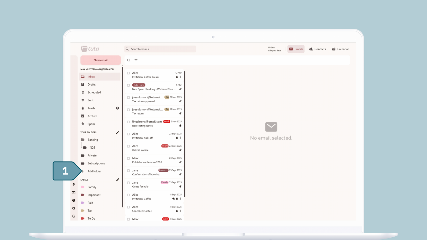Create folders in Tuta Mail: Click on the + to add a new folder or subfolder.