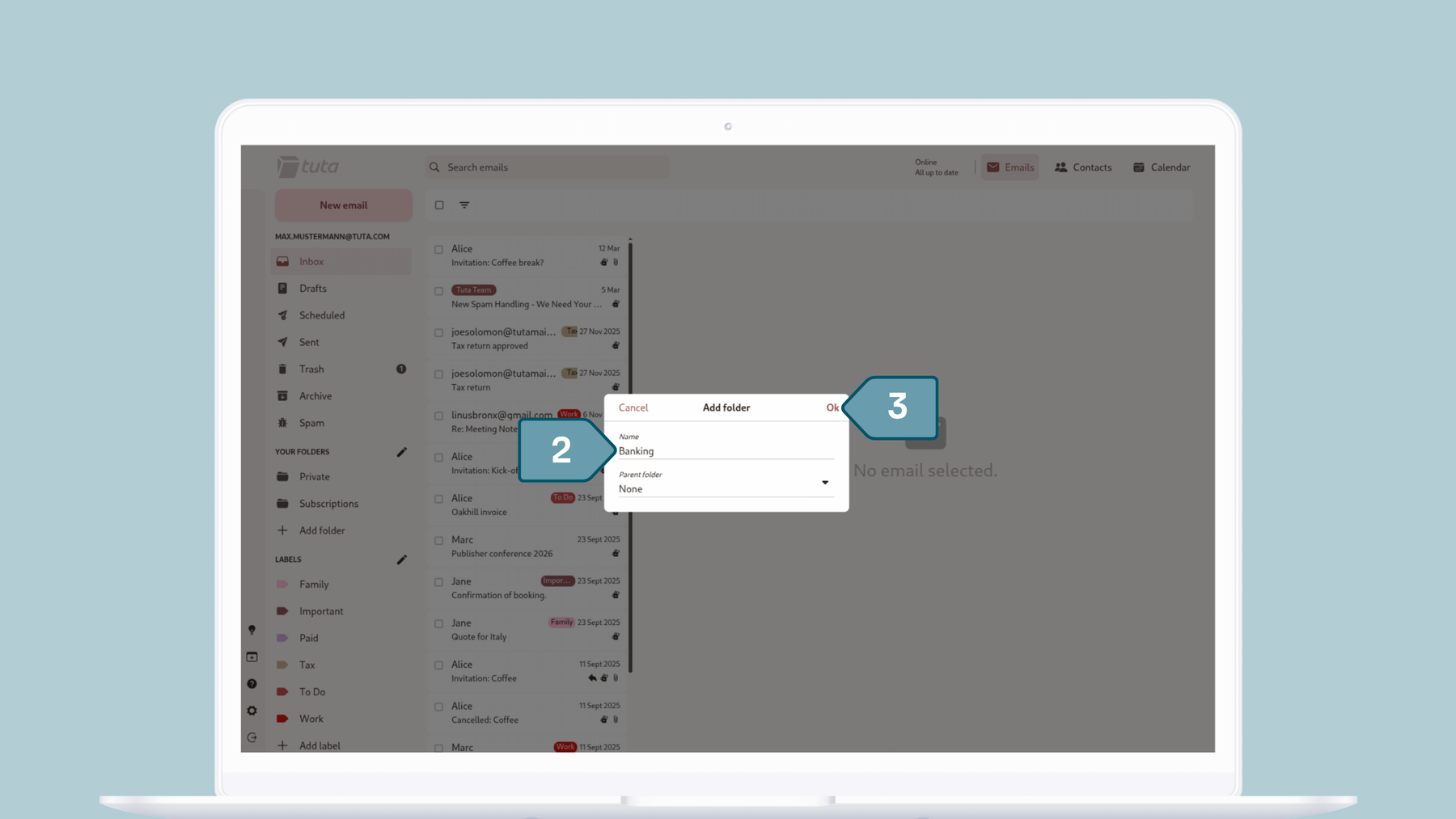 Create folders in Tuta Mail: Enter the folder name and click ok.
