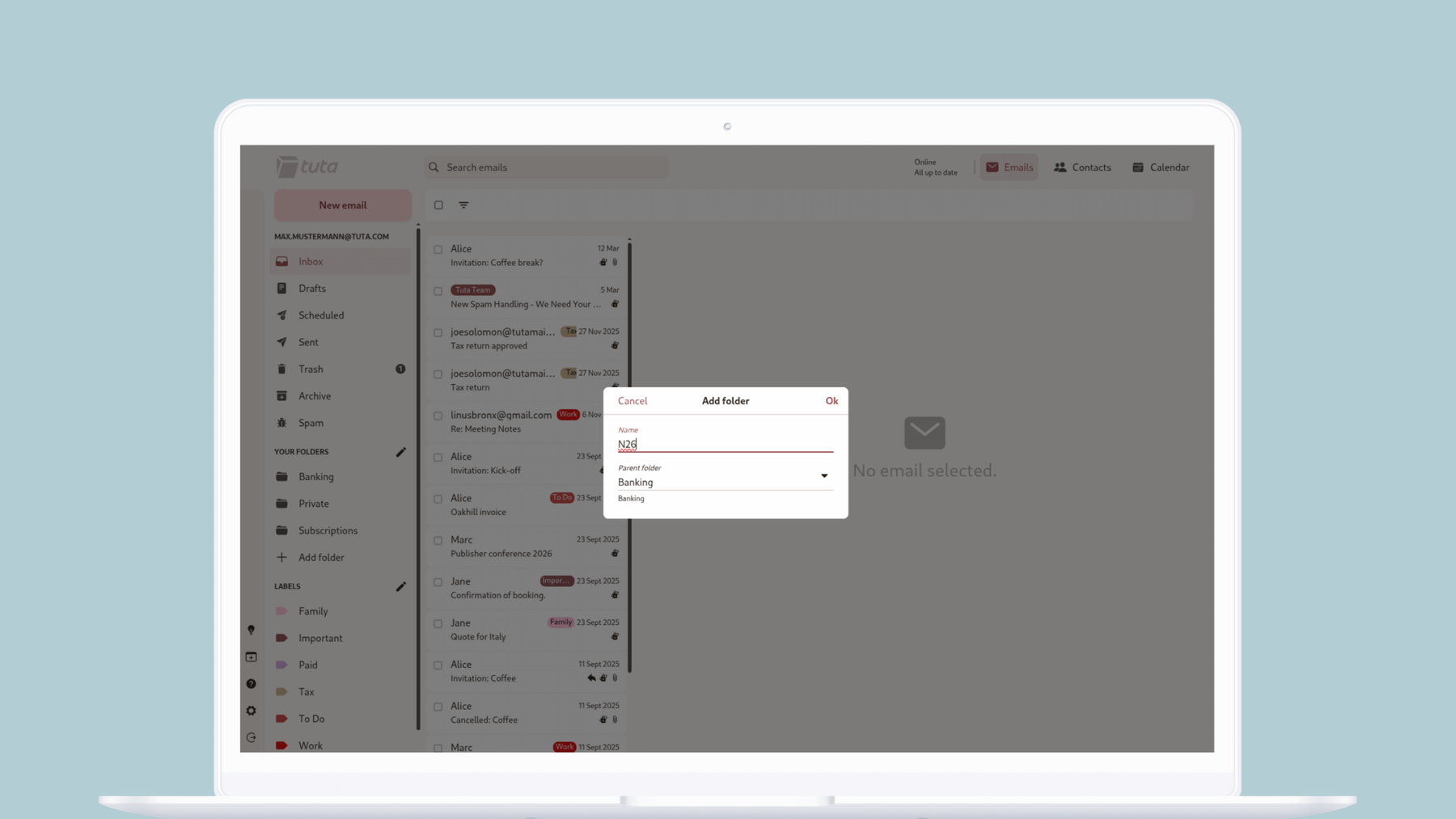 Create subfolder in Tuta Mail: Enter the folder name, choose a parent folder and click ok.