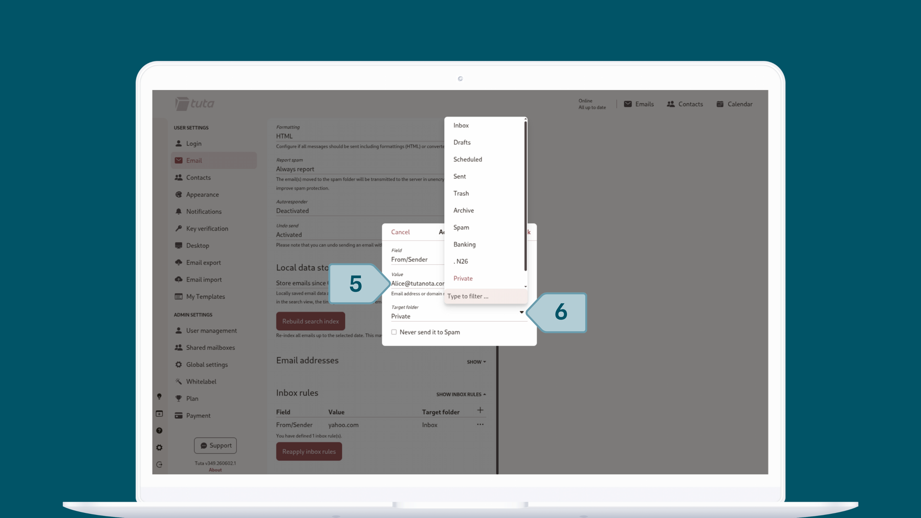 Set up inbox rules in Tuta Mai: Under value enter he value for the rule, then choose the target folder of the rule.