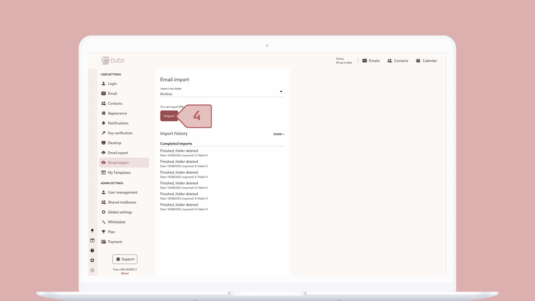 Import your emails into Tuta Mail: click import, select emails to import.