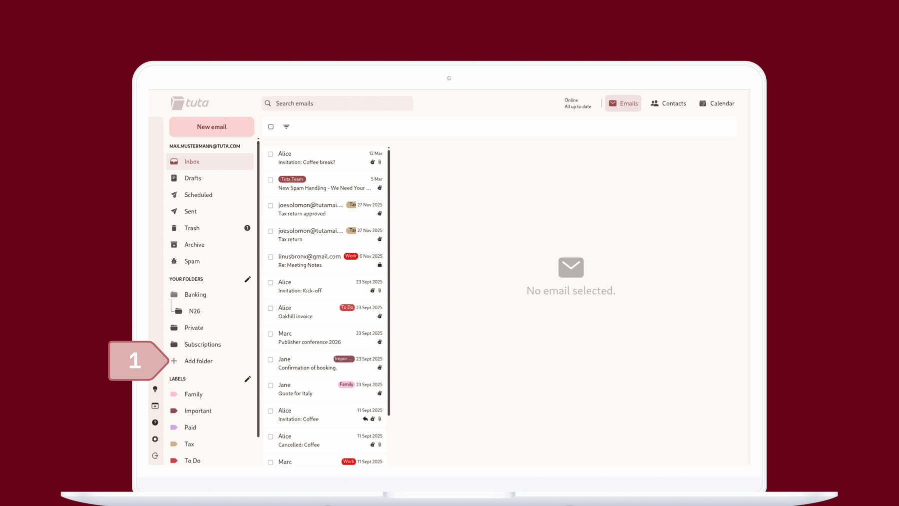 Create folders in Tuta Mail: Click on the + to add a new folder or subfolder.