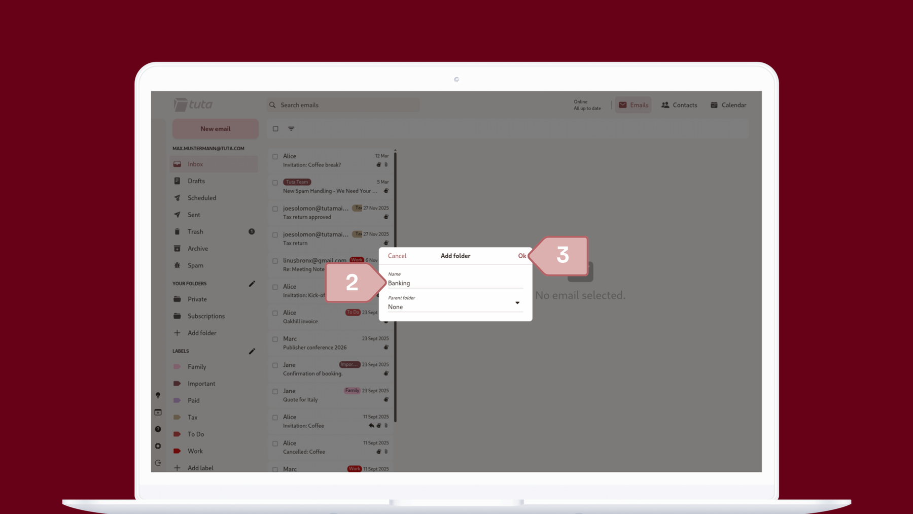 Create folders in Tuta Mail: Enter the folder name and click ok.