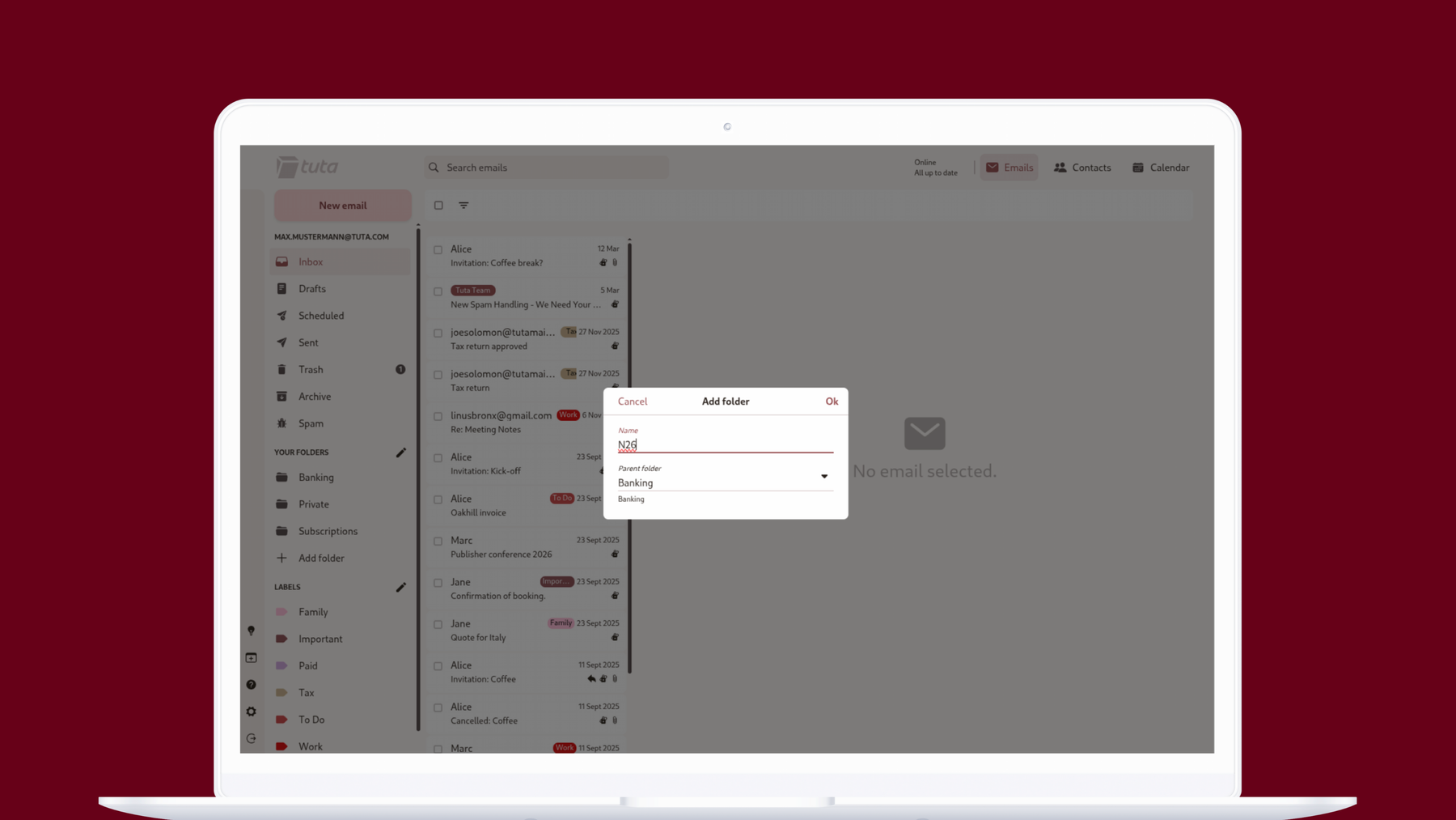 Create subfolder in Tuta Mail: Enter the folder name, choose a parent folder and click ok.