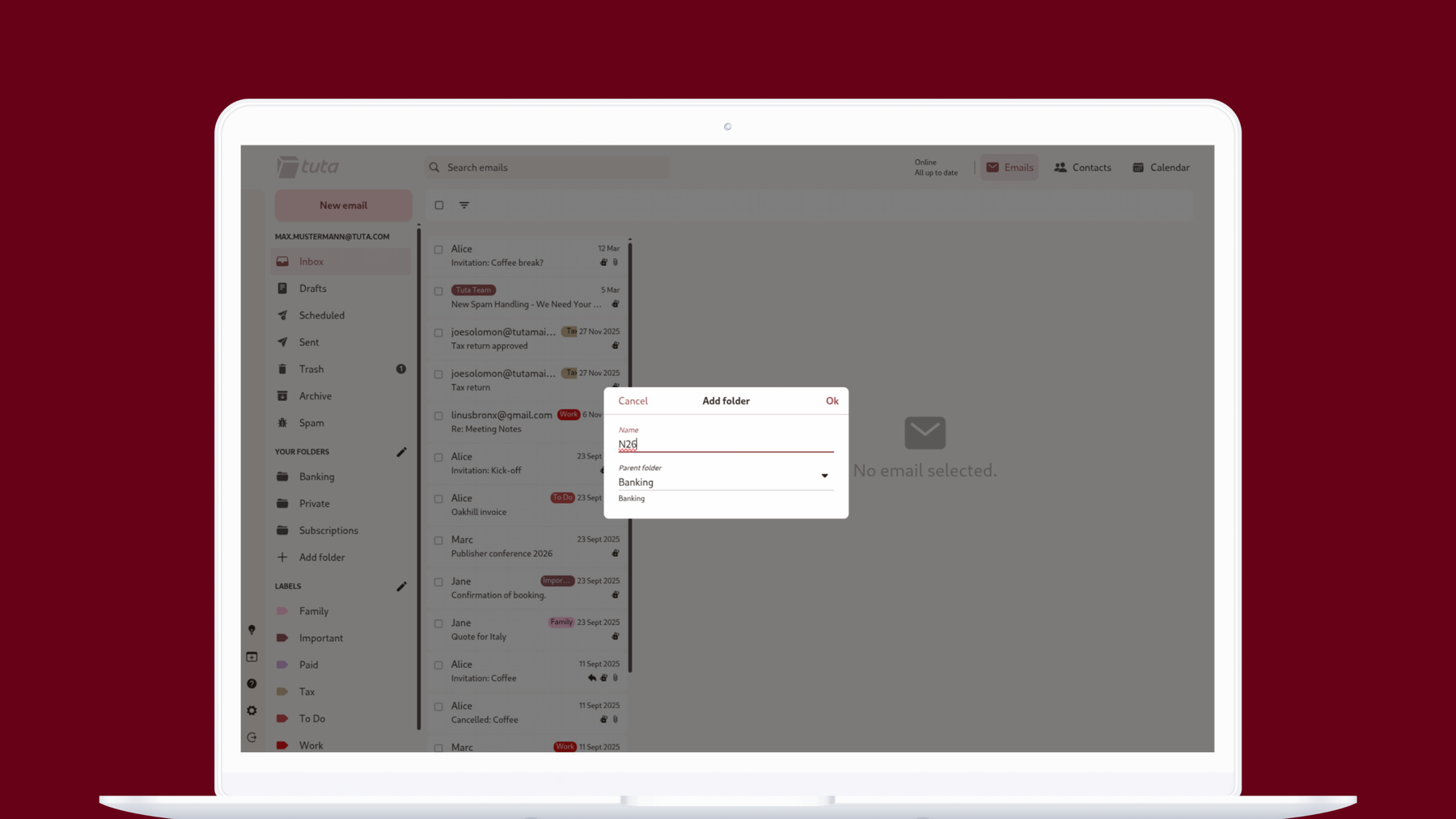 Create subfolder in Tuta Mail: Enter the folder name, choose a parent folder and click ok.