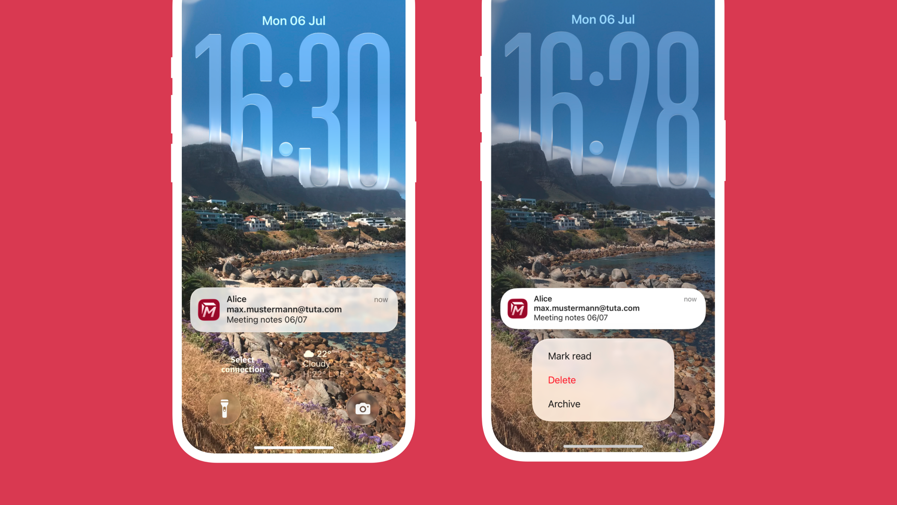 Screenshot of Tuta Mail new action in notifications: mark read, delete, or archive.